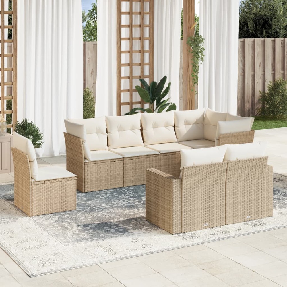 Salon de jardin avec coussins 8 pcs beige résine tressée