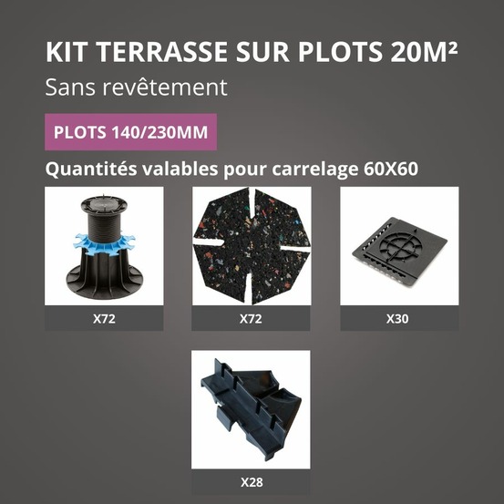 Kit terrasse sur plots sans revêtement 20m² - sans profilé - 140/230 mm - jouplast