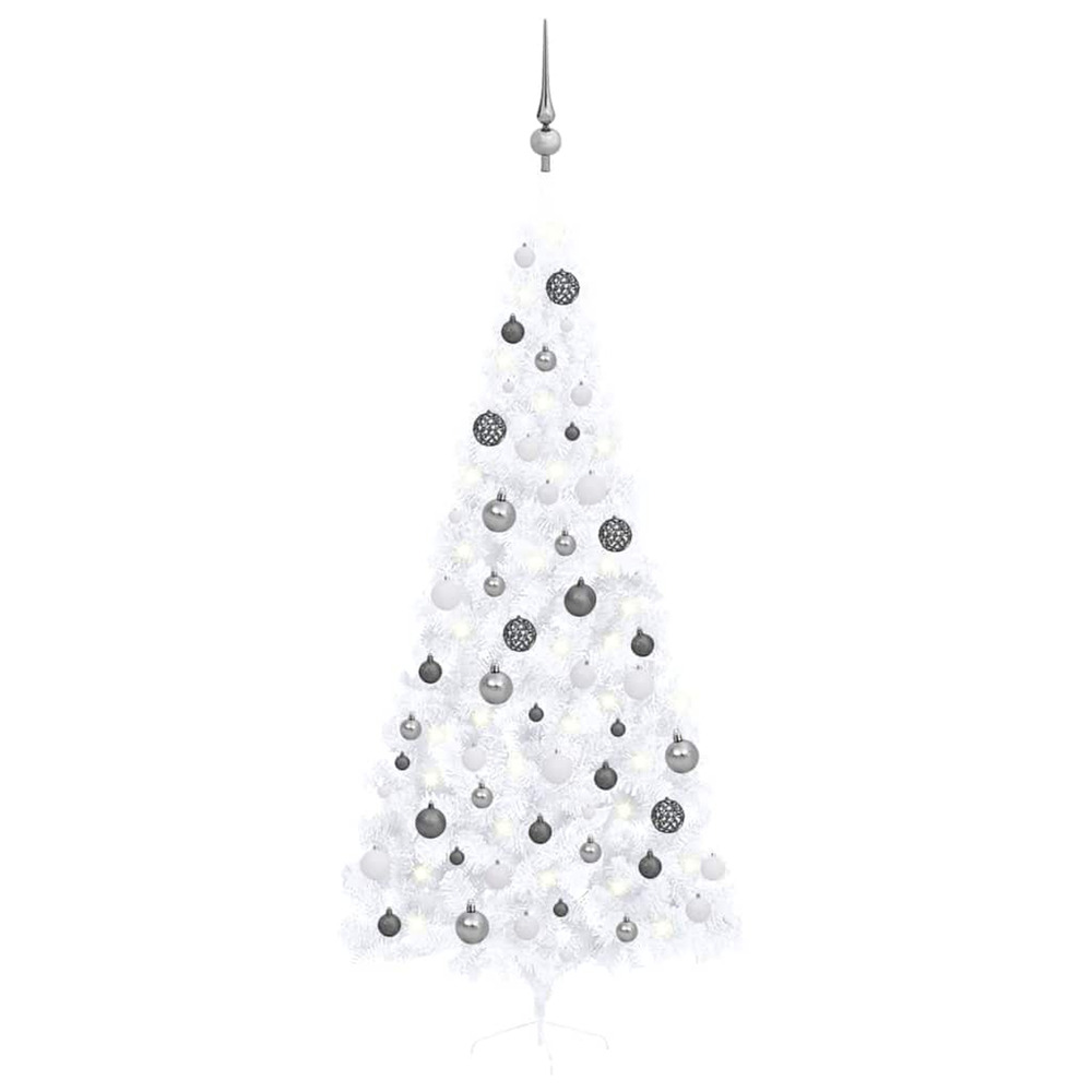Demi-arbre de noël artificiel pré-éclairé et boules blanc 240cm