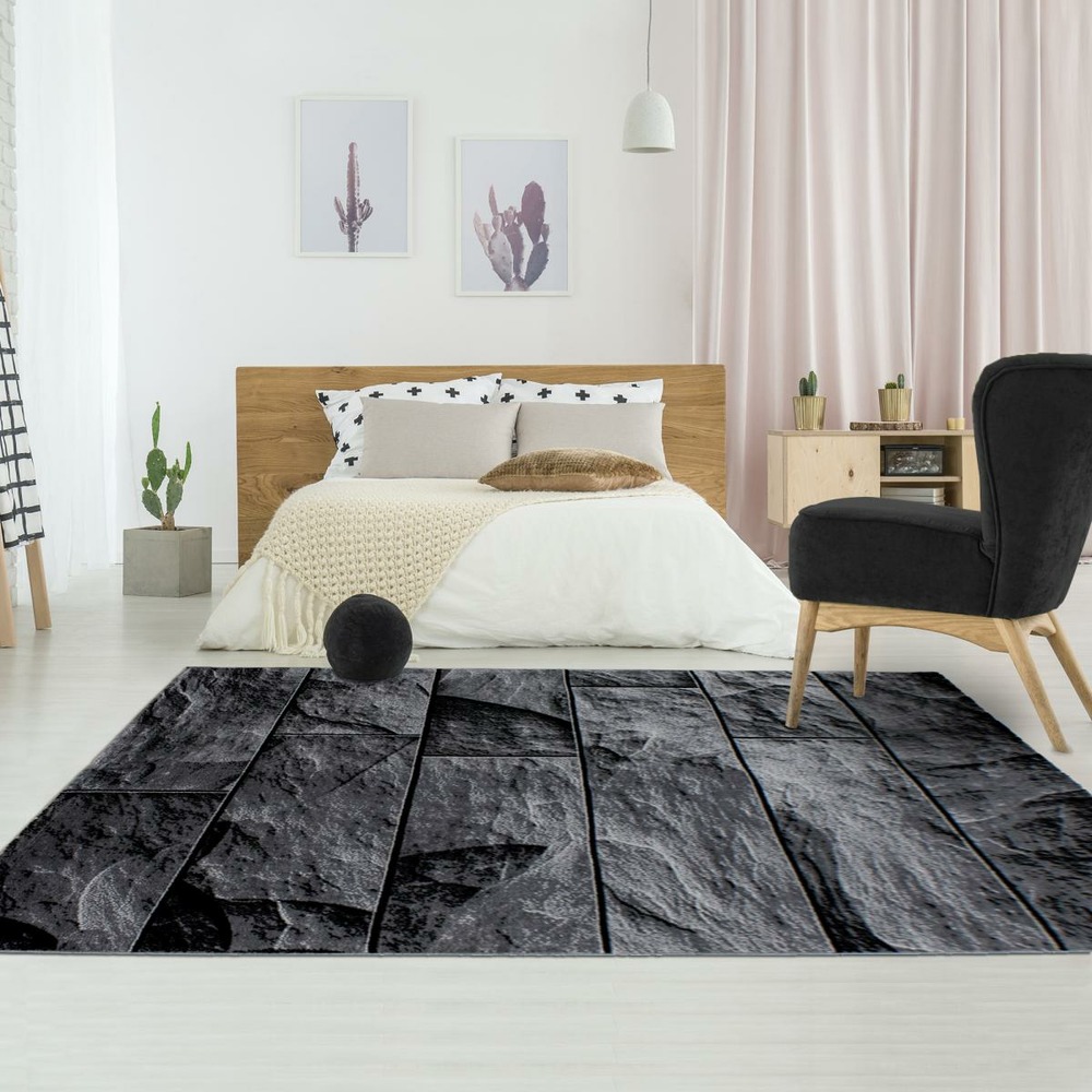 Tapis de couloir 80x300 tissé motif géométrique plone noir