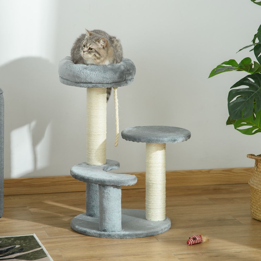 Chat arbre 2 griffoirs sisal 3 plateformes corde Ø40x65cm peluche 500g/m² gris