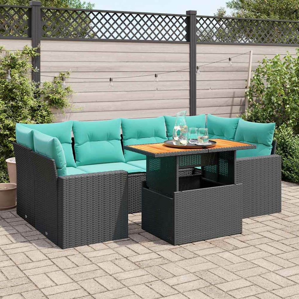 Salon de jardin 7 pcs avec coussins noir résine tressée