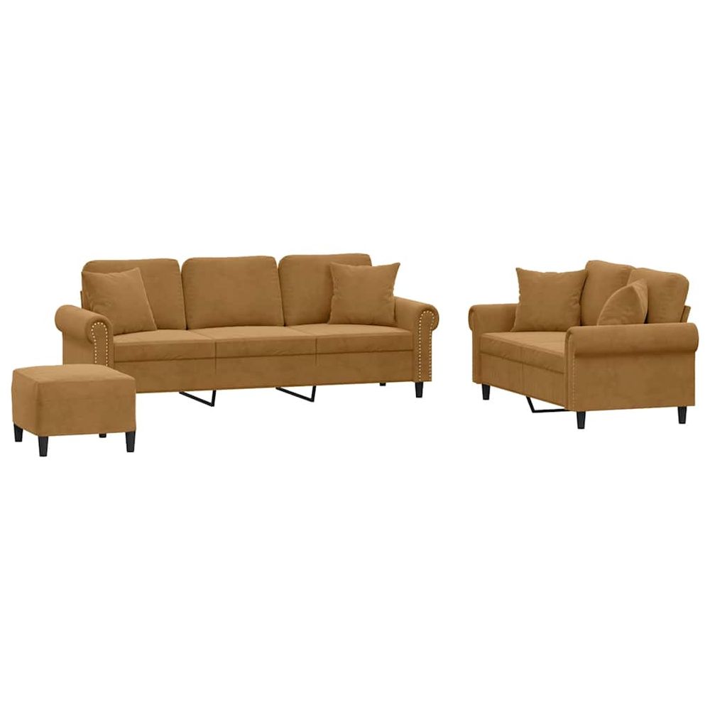 Ensemble de canapés 3 pcs avec coussins marron velours