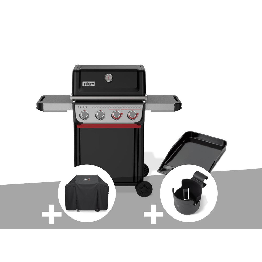 Barbecue à gaz spirit e-425 mix plancha émaillée + housse + support pour boisson