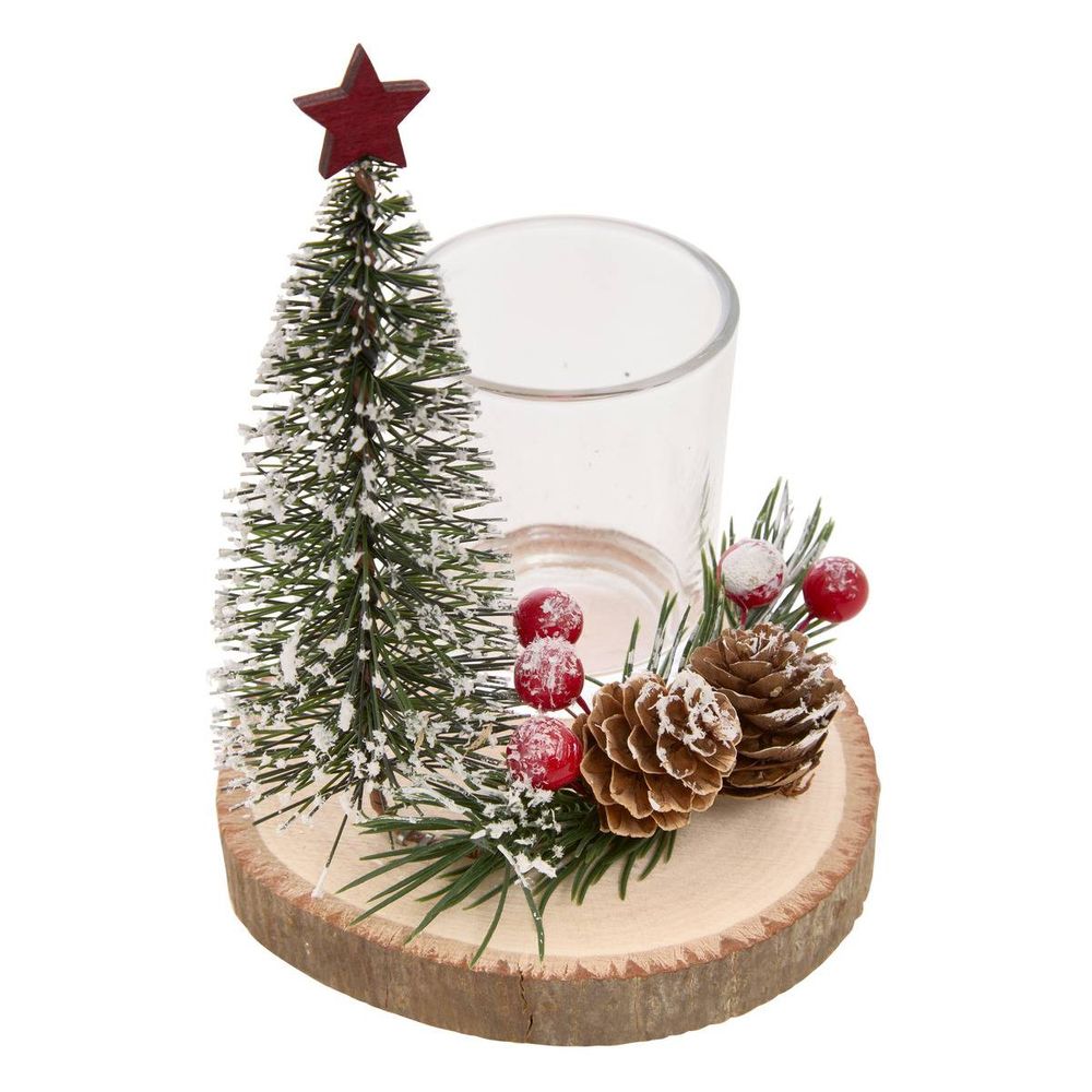 Photophore de noël sapin et pomme de pin en verre d. 10 x h. 12 cm