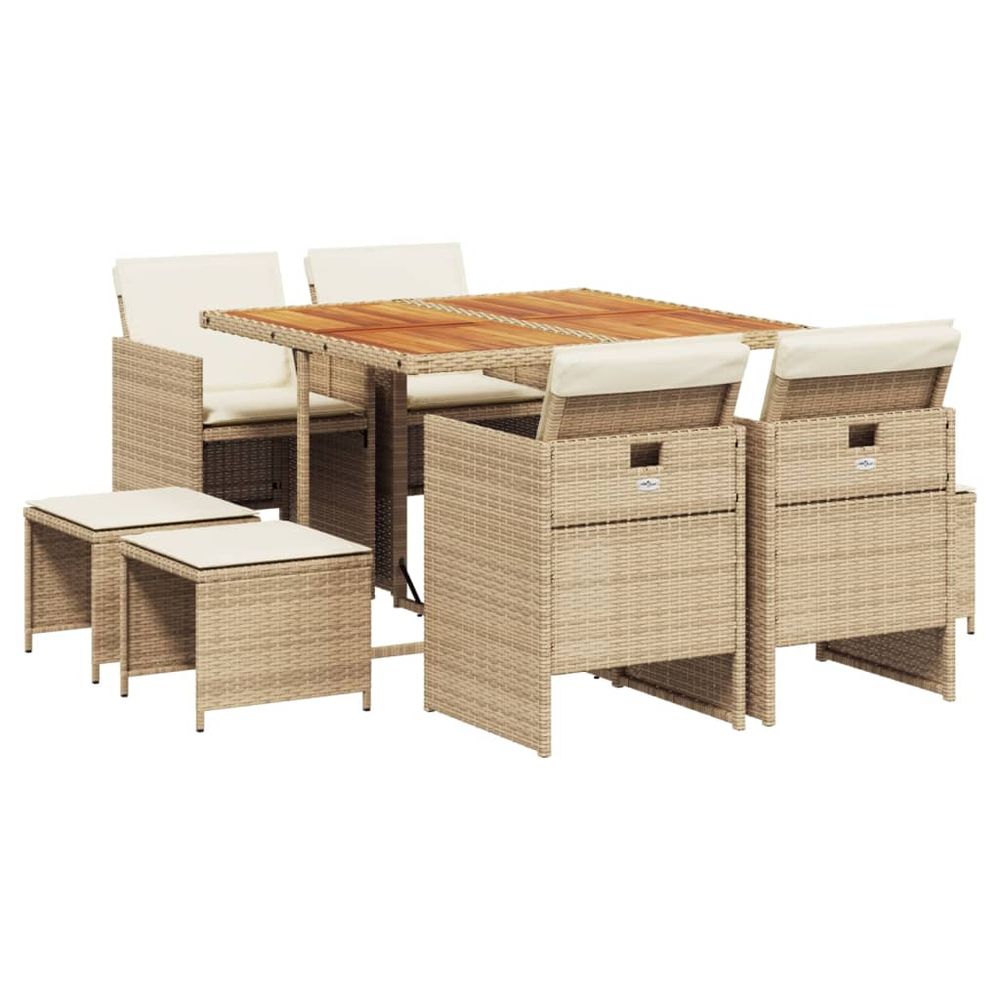 Ensemble à manger de jardin et coussins 9 pcs beige poly rotin