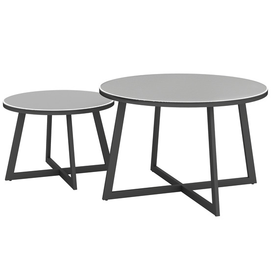 Ensemble de 2 tables d'appoint empilables rondes, plateau verre, acier, noir et gris, résistantes aux intempéries