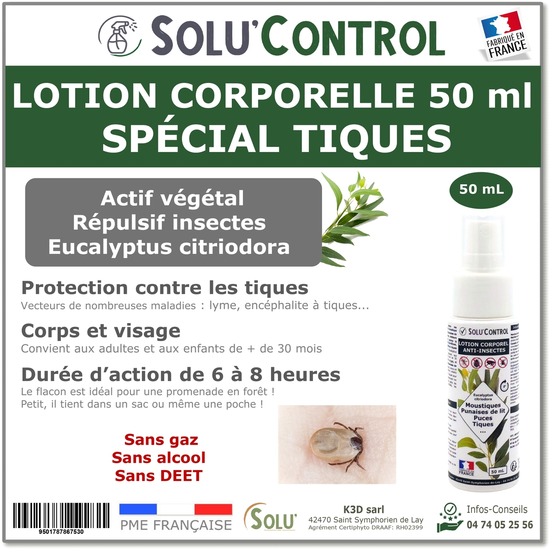 Solu'control lotion répulsive tiques 50 ml - protection 6-8h - sans deet - corps et visage