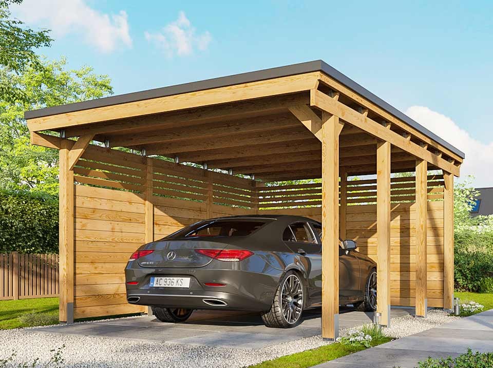 Carport bois castellane - 373x555 - panneaux de fond et latéraux intégrés - toiture en bois - abri voiture - 1 voiture