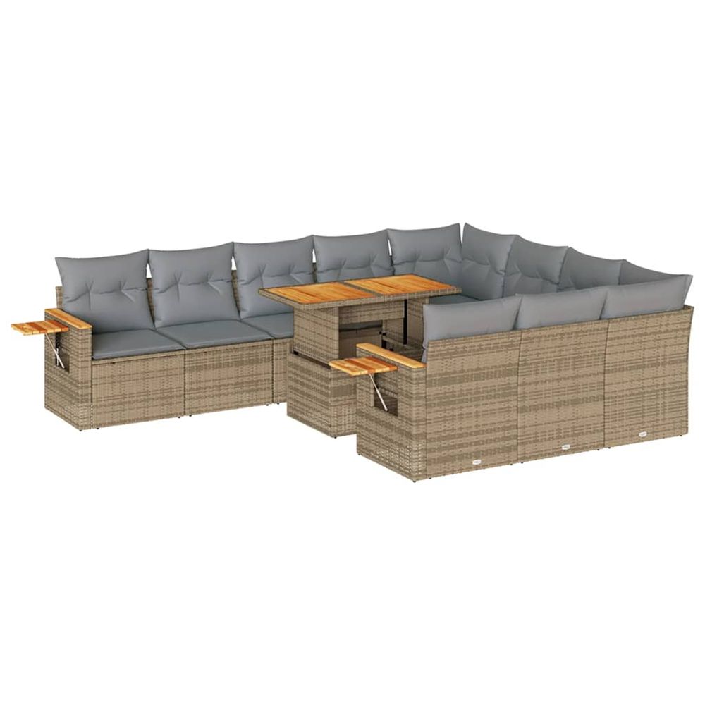 Salon de jardin 11pcs avec coussins beige résine tressée acacia