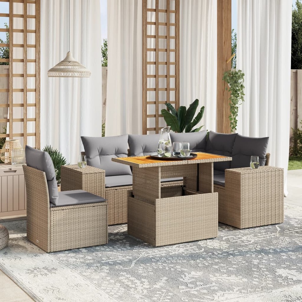 Salon de jardin avec coussins 6 pcs beige résine tressée