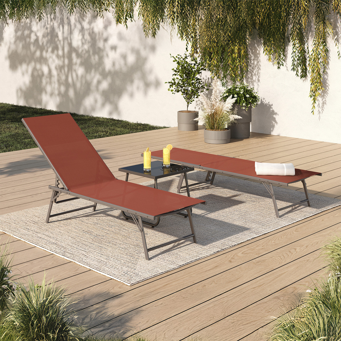 Lot de 2 transats de jardin inclinables kailua en acier gris anthracite et toile terracotta