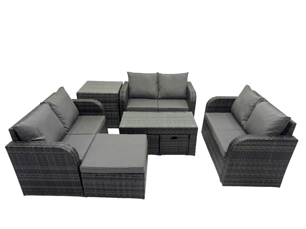 Ensemble de meubles de jardin en polyrotin 8 pièces avec table basse rectangulaire canapé à deux places 3 tabourets table d'appoint