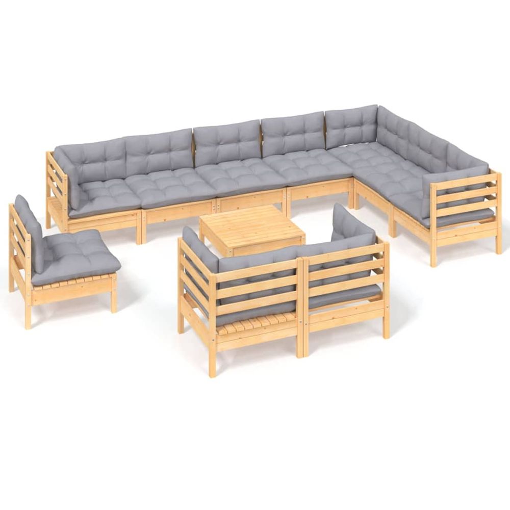 Salon de jardin 11 pcs avec coussins gris bois de pin solide