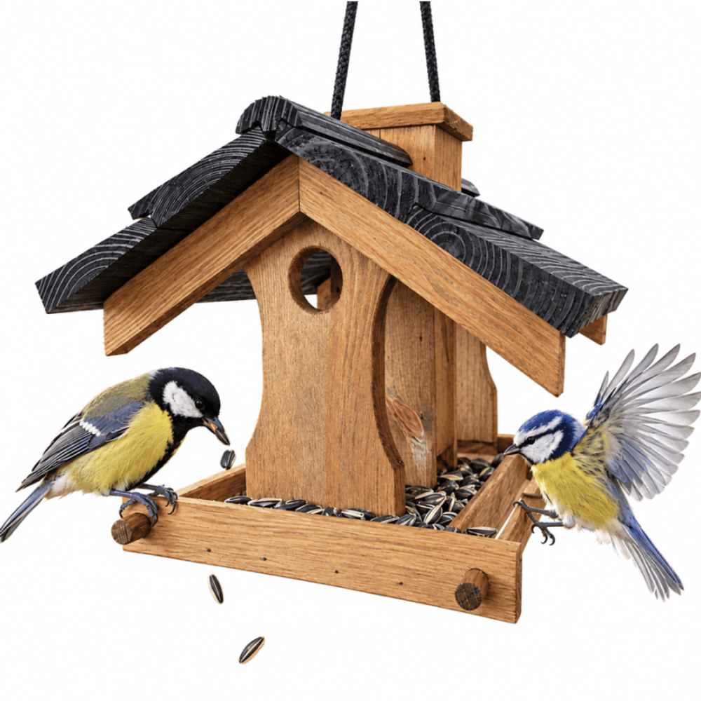 Mangeoire à oiseaux extérieur en pin massif avec silo, 2 perchoirs et corde de suspension