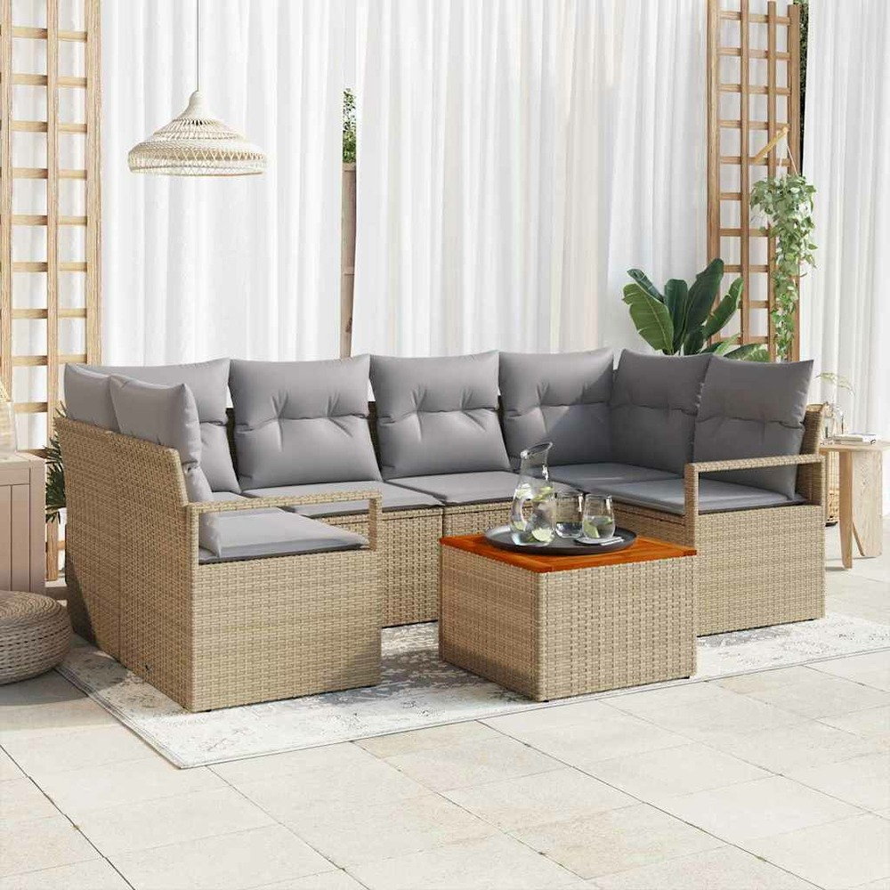 Ensemble de canapé de jardin avec coussin 7 pcs beige polyrotin