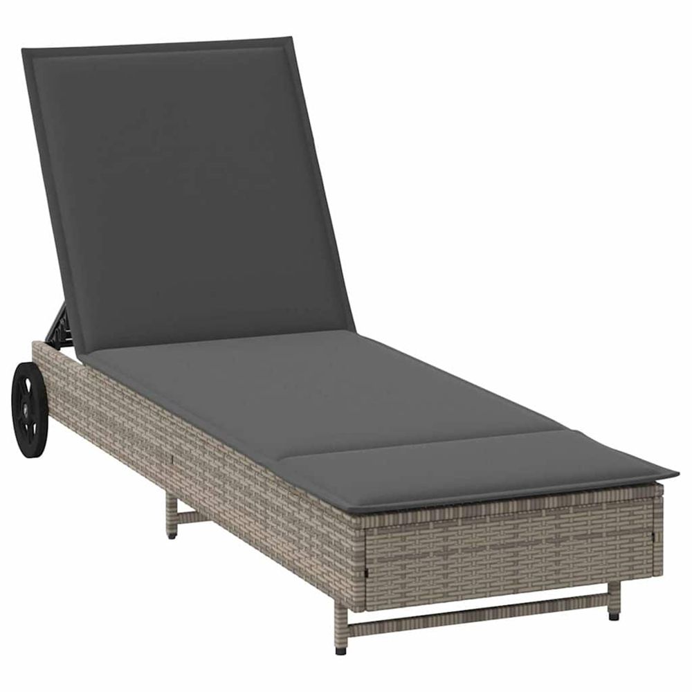 Chaise longue avec roues et coussin gris résine tressée bain de soleil