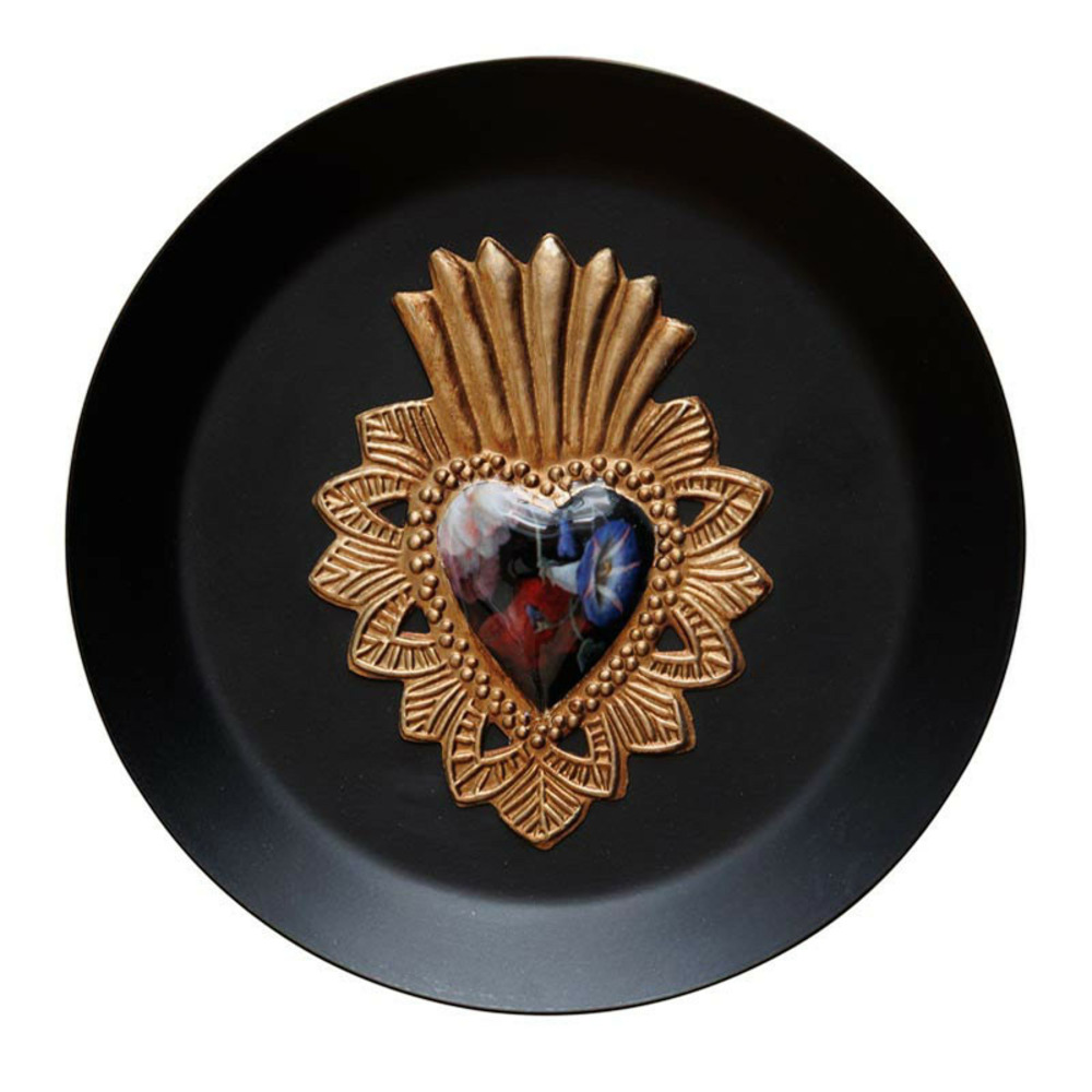 Cadre ex-voto fleuri noir doré 15cm