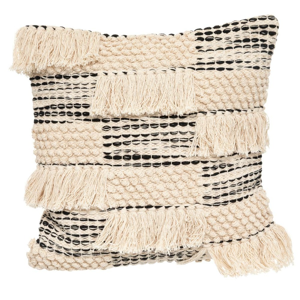 Coussin - motifs relief et franges - noir & blanc - coton 45x45 cm