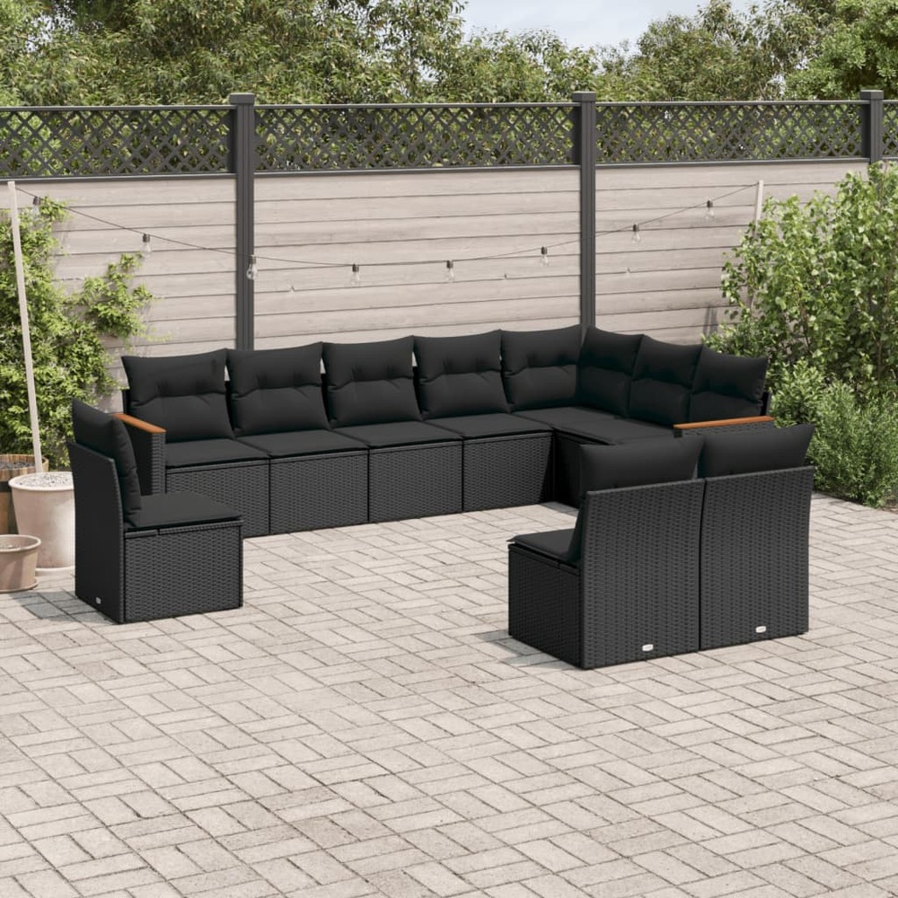Salon de jardin 10 pcs avec coussins noir résine tressée