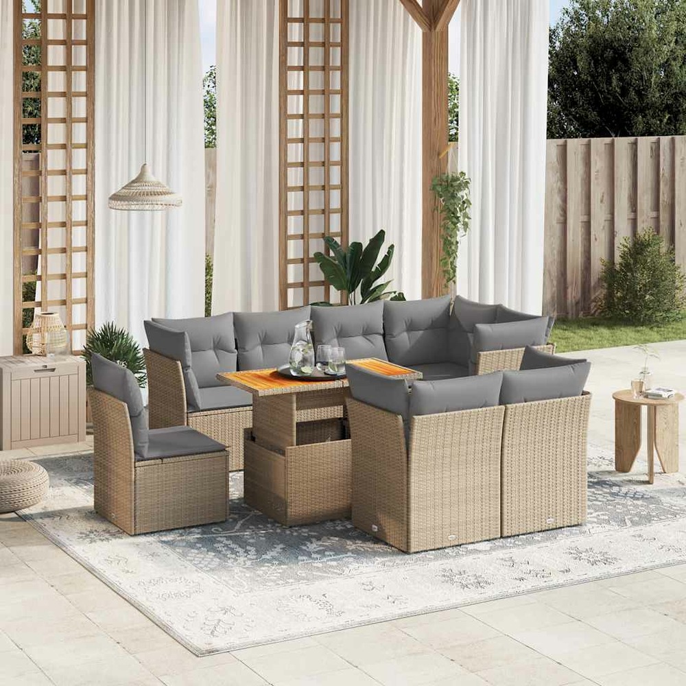 Salon de jardin avec coussins 9 pcs beige résine tressée