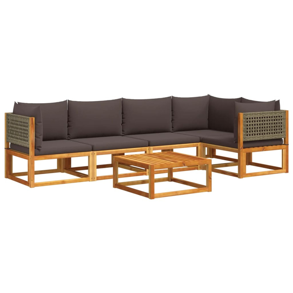 Ensemble de canapés de jardin 6 pièces avec coussins en bois d'acacia et rotin