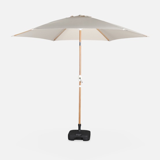 Parasol droit rond ø293cm mât central en aluminium imitation bois, orientable et manivelle d'ouverture