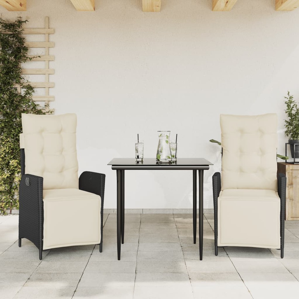 Ensemble à manger de jardin avec coussins 3 pcs noir
