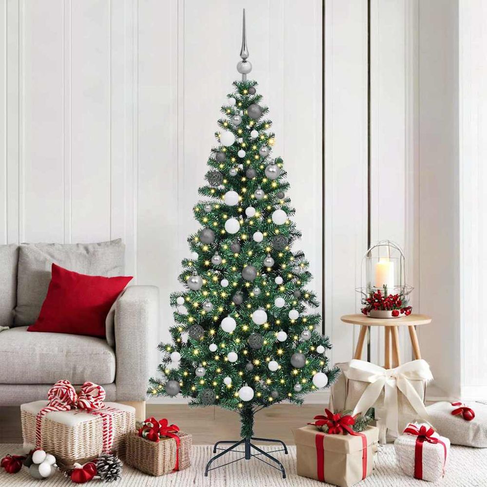 Sapin artificiel vert 180 cm, pack déco complet 300 led et 120 boules argent/or