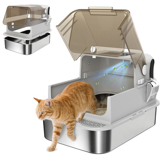 Maison de toilette xxl acier inoxydable pour grand chat avec double entrée et pelle gris