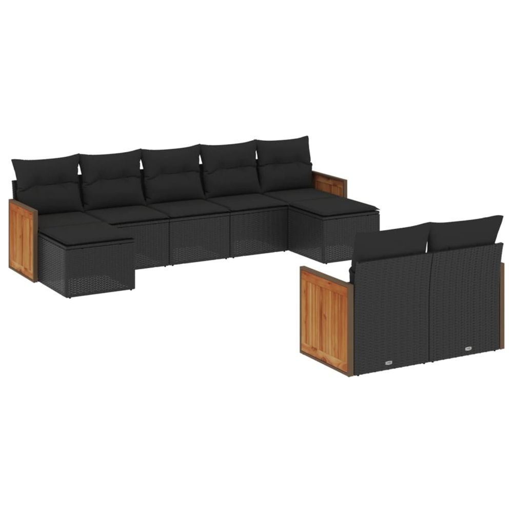 Salon de jardin 9 pcs avec coussins noir résine tressée
