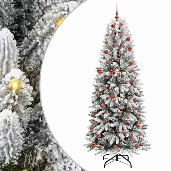 Sapin de noël artificiel haut de gamme 210cm blanc, effet neige et lumières 300 led intégrées
