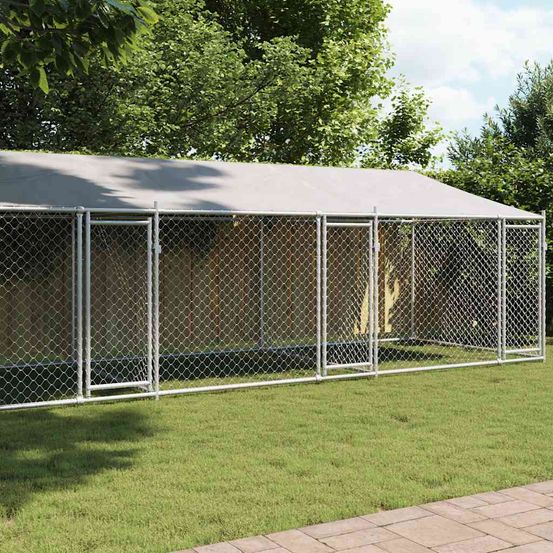 Grand chenil 4 boxes pour chien acier galvanisé avec toit gris 8x2x2m