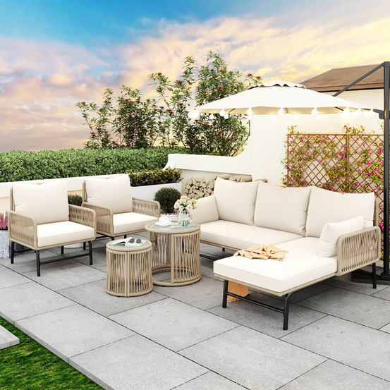 Salon jardin: métal + tressage corde beige, 2 fauteuils +2 canapés 2 pers +2 tables, coussins incl