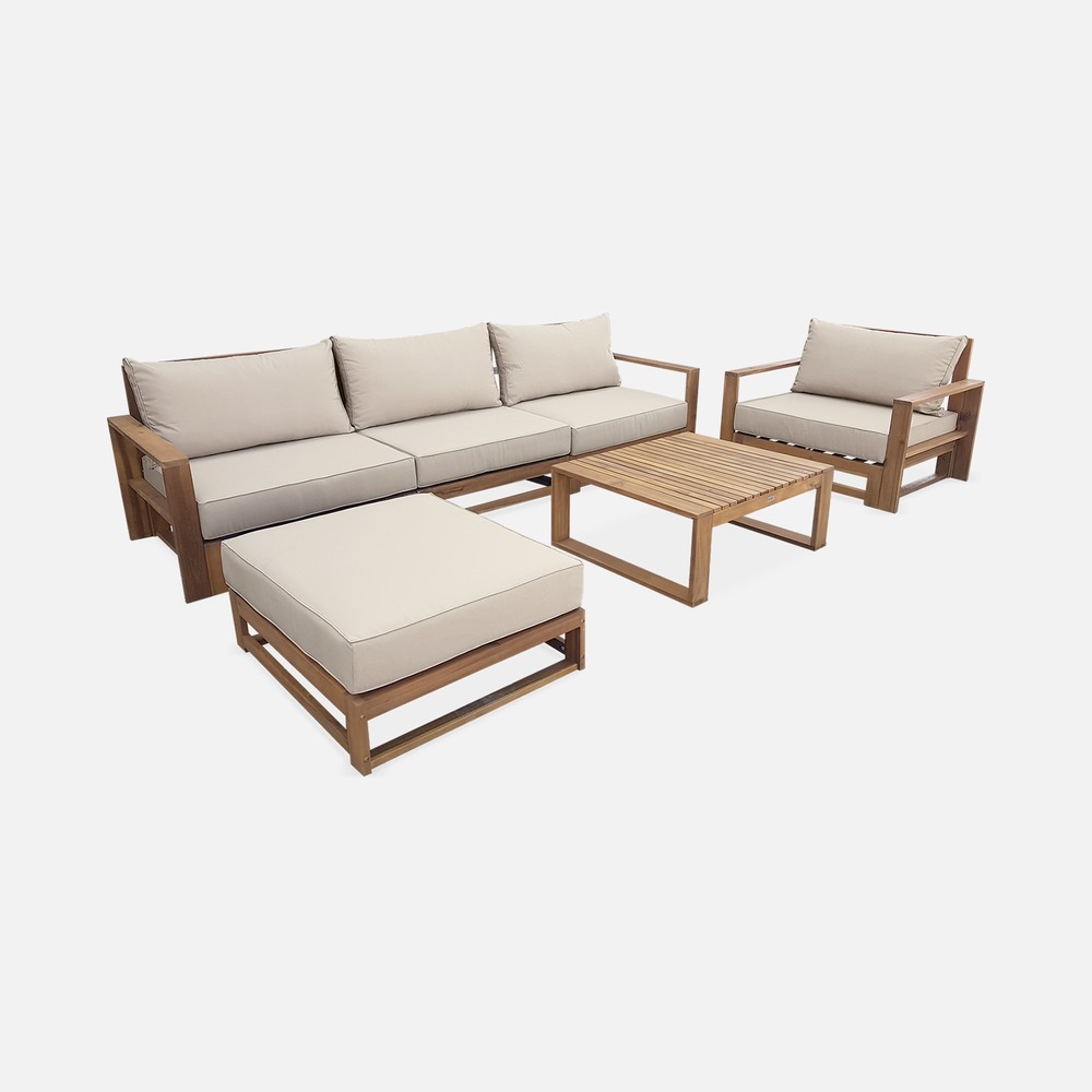 Salon de jardin en bois d'acacia 5 places - mendoza - canapé, fauteuils et table basse en acacia, 6 éléments modulables, design