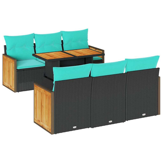 Salon de jardin avec coussins 7 pcs noir résine tressée acacia