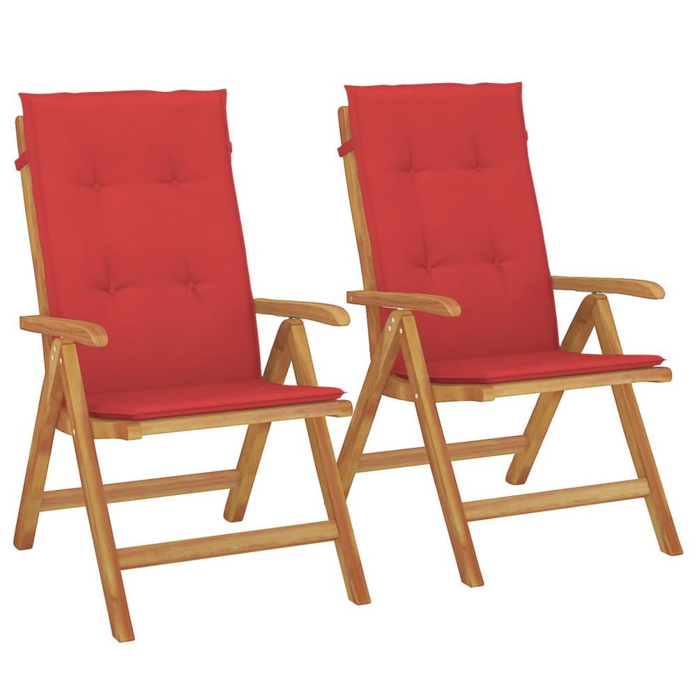 Fauteuils pliants inclinables avec coussins 2 pcs teck massif