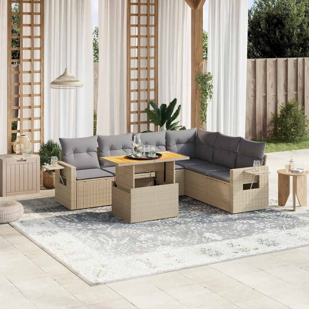 Salon de jardin avec coussins 7 pcs beige résine tressée