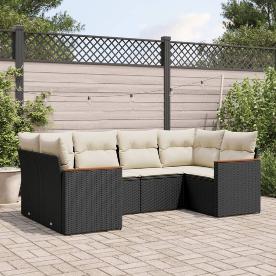 Salon de jardin 6 pcs avec coussins noir résine tressée