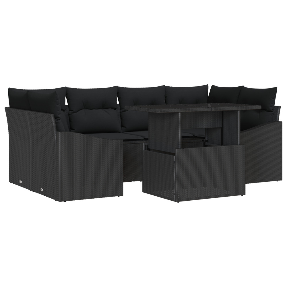Ensemble de canapé de jardin 7 pièces avec coussins noir poly rattan