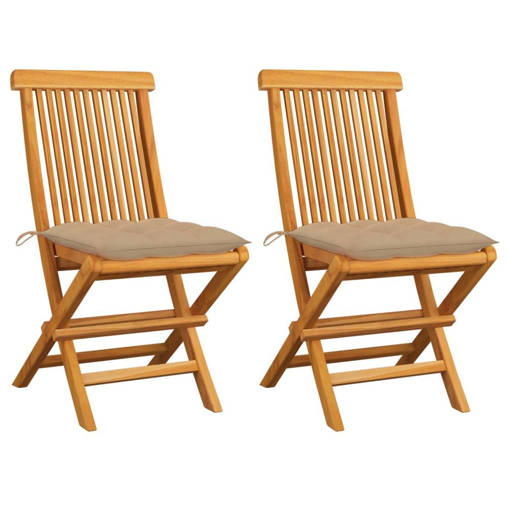 Chaises pliantes avec coussins beiges, 2 pièces, en teck massif