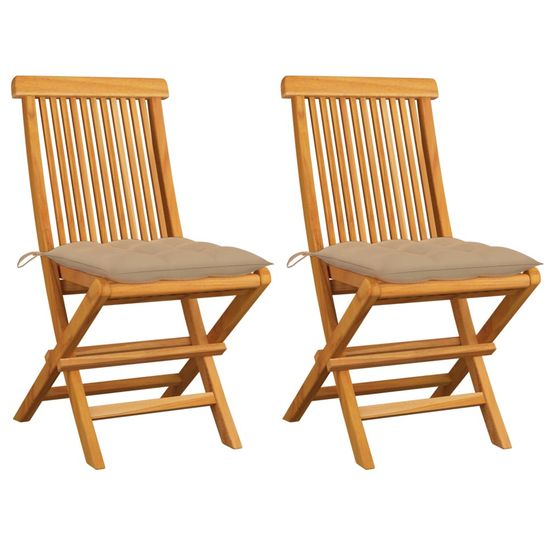 Chaises pliantes avec coussins beiges, 2 pièces, en teck massif