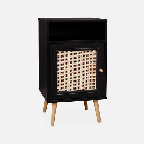 Table de chevet en cannage 40x39x70cm - 2 niveaux - 1 portes - 1 espace de rangement - pieds scandinaves