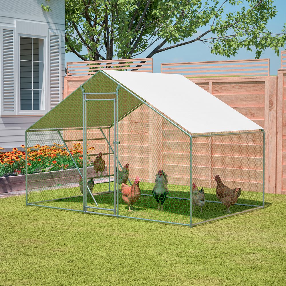 Poulailler enclos extérieur acier galvanisé 303 x 200 x 200 cm gris bâche uv échelle