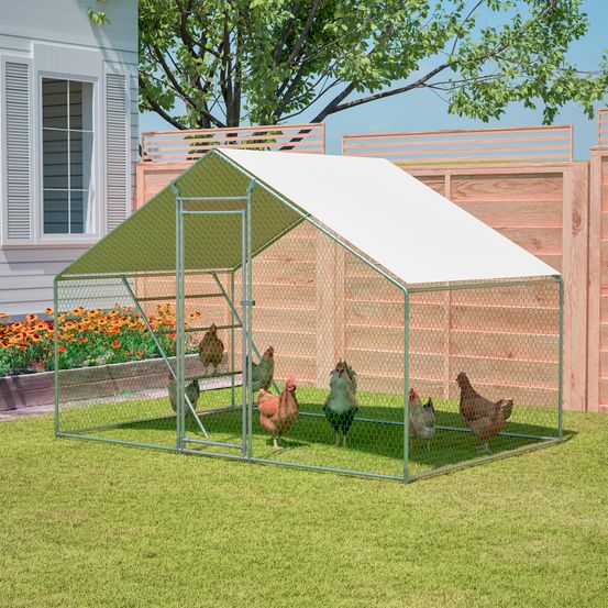 Poulailler enclos extérieur acier galvanisé 303 x 200 x 200 cm gris bâche uv échelle