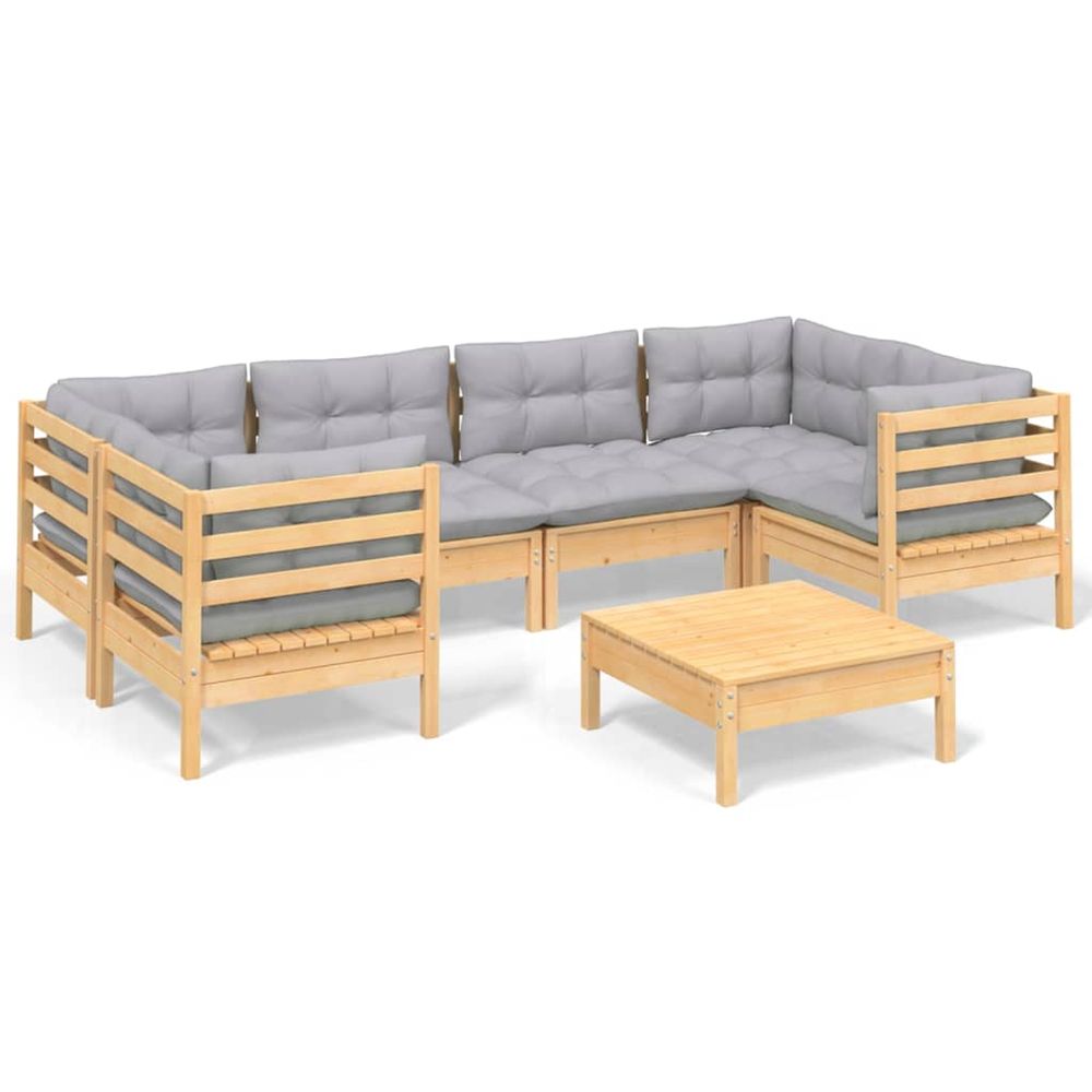 Salon de jardin 7 pcs avec coussins gris bois de pin