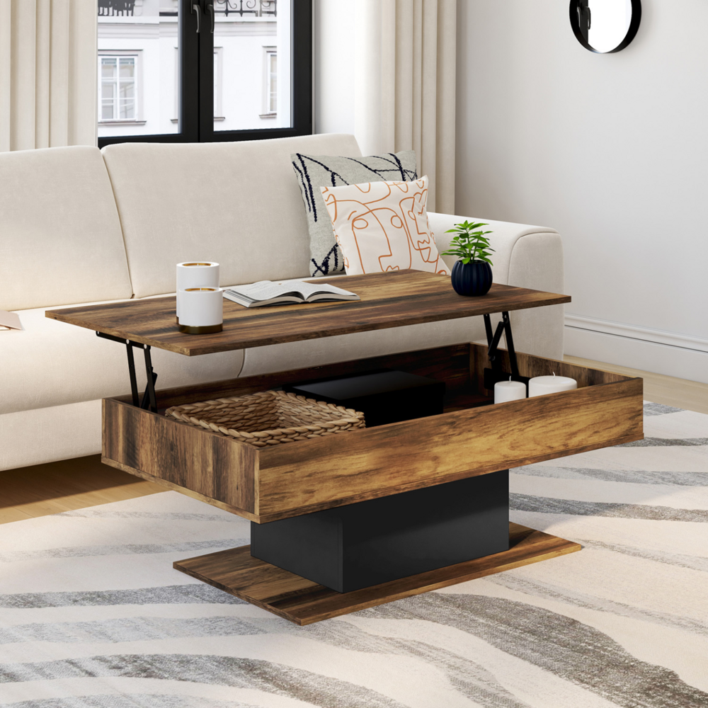 Table basse plateau relevable rectangulaire eden bois foncé effet vieilli et noir
