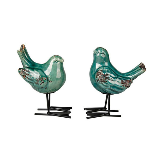 Ensemble 2 oiseaux fer décoratifs vert 13x15cm