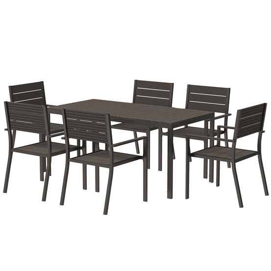 Salon de jardin 7 pièces : table à manger + 6 chaises, table fendue, marron foncé