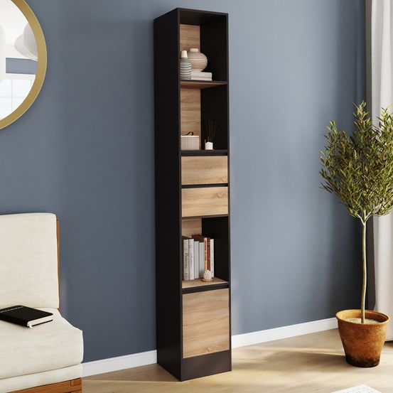 Etagère bibliothèque carla 3 étagères 2 tiroirs 1 placard noir et effet bois 190 cm